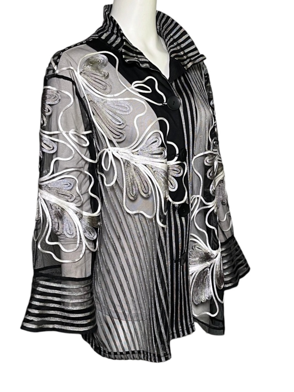 Ali Miles 1X Sheer Mesh Tunic Art To Wear Floral Jacket Top Wire Collar - Picture 5 of 10